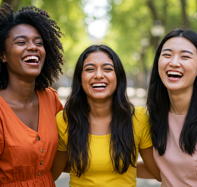 Three diverse women laughing together