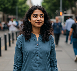 Woman in blue denim shirt